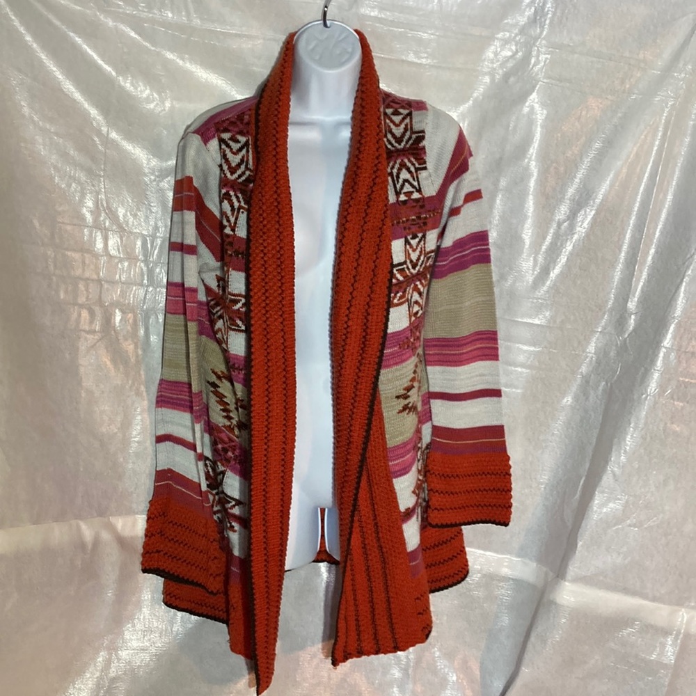 28-4 BCBG MAXAZRIA white pink orange tan stripe Aztec open front cardigan M